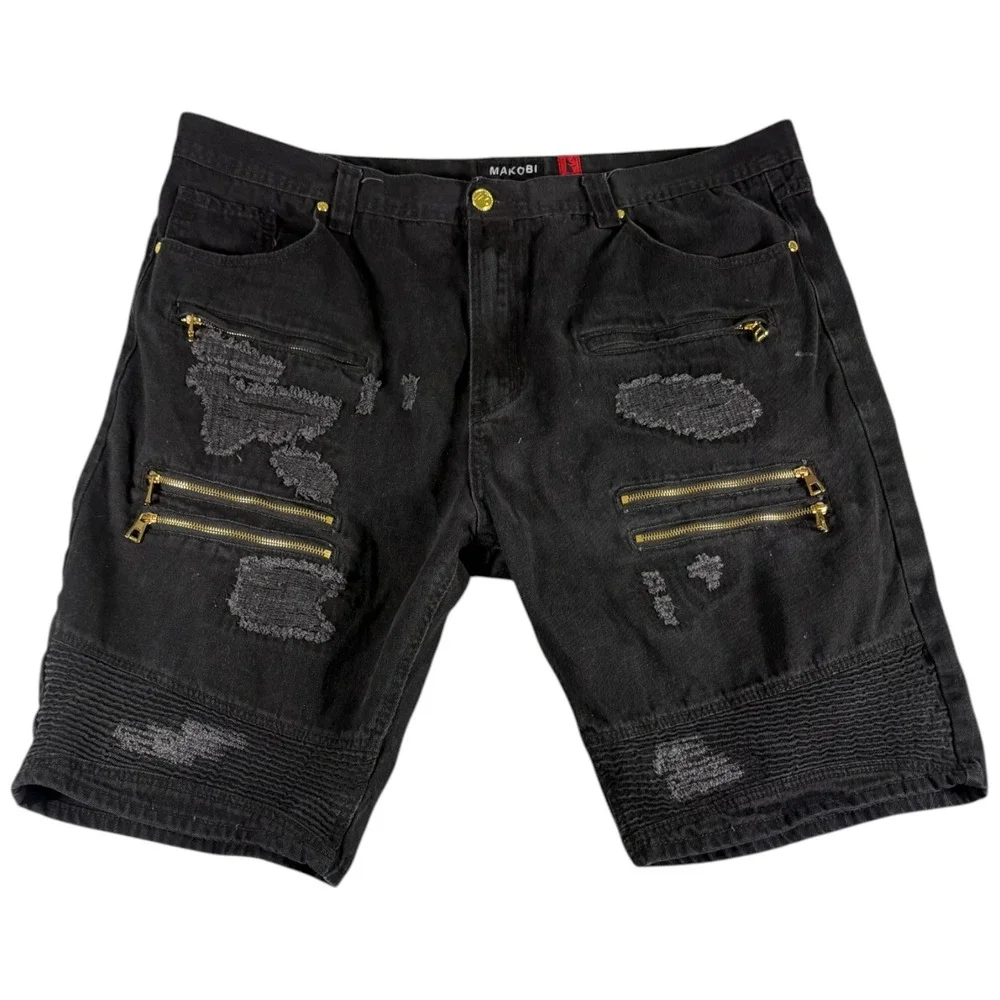 Makobi Biker Shorts Mens 46 Black Denim Distressed Rugged Moto Casual Gold Zip